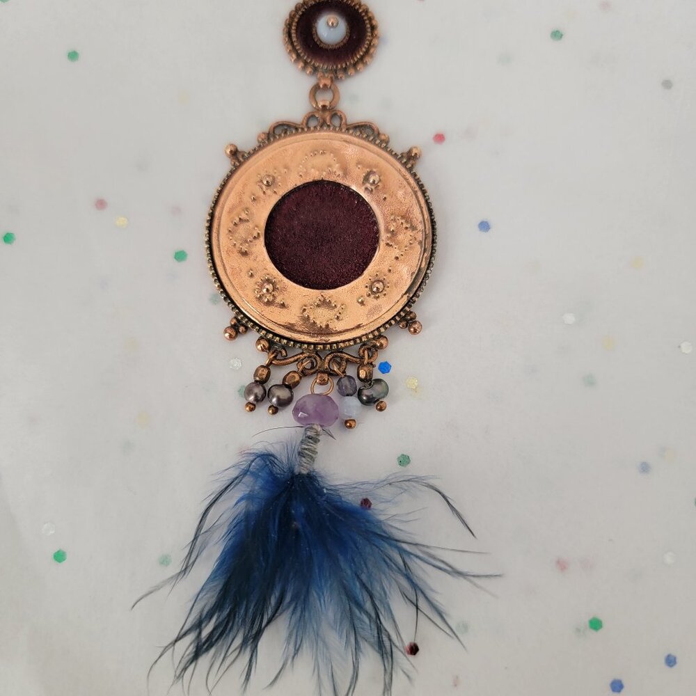 SATELLITE PARIS VINTAGE HAMMERED COPPER PENDANT FEATHER & SEMI PRECIOUS BEADS